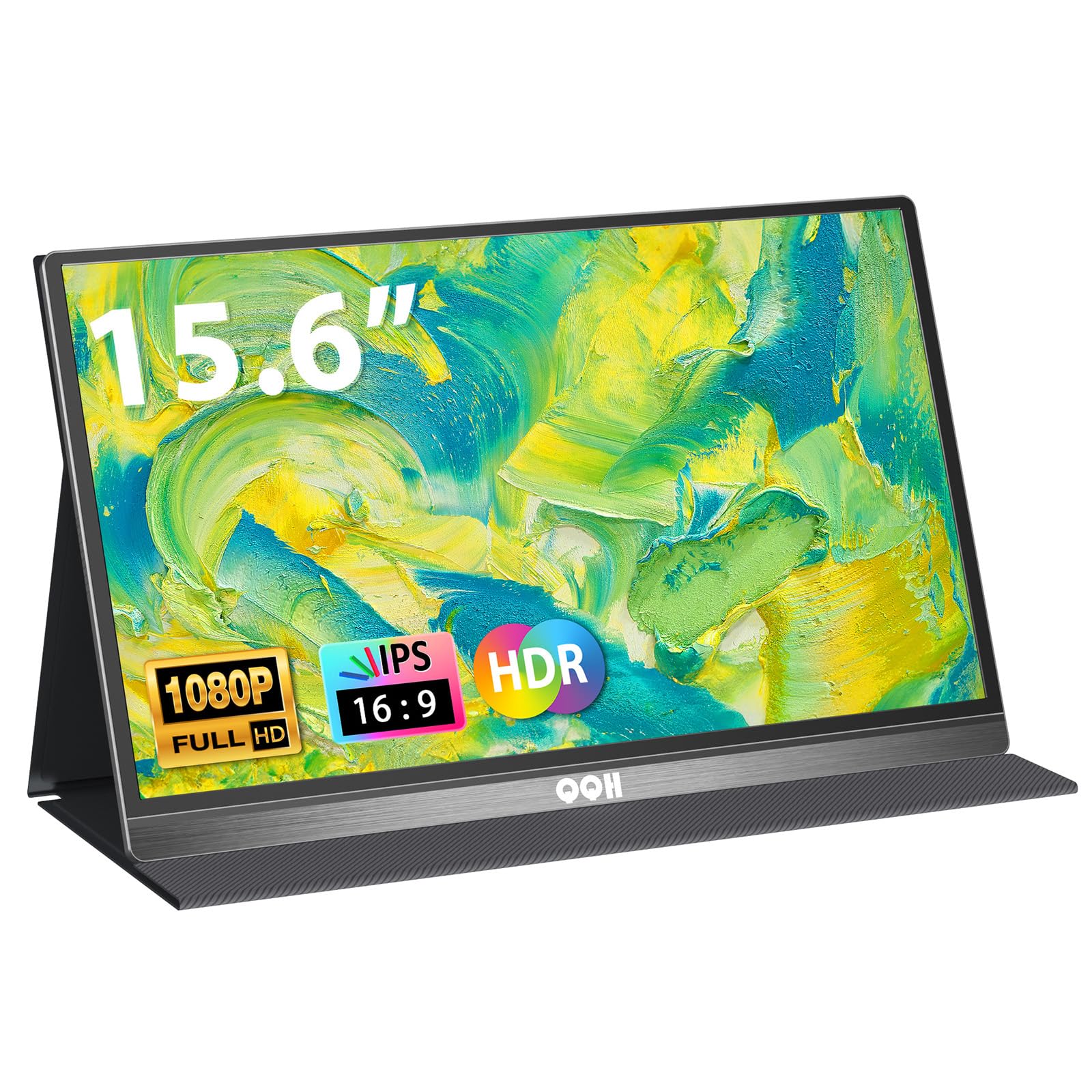 Qqh Portable Monitor 15.6Inch Fhd 1080P Usb C Hdmi Alloy Travel Screen Monitor With W/Smart Cover & Built In Speaker, Plug&Play